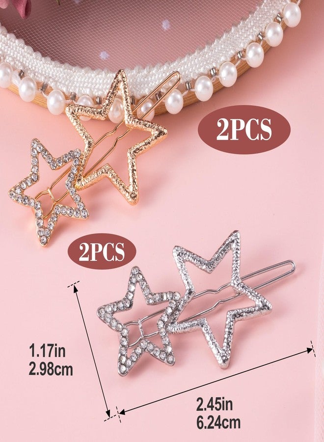 Mxxipp 4pcs Star Hair Pin for Women, Sparkly Rhinestone Crystal Hairstyle Bang Clips, Non-Slip Hollow Barrette Accessories for Long Short Straight Curly Hair- Gold & Silver - Image 2
